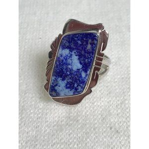 Signed Denim Lapis Ring in Tooled Sterling Silver Setting - Size 8.75